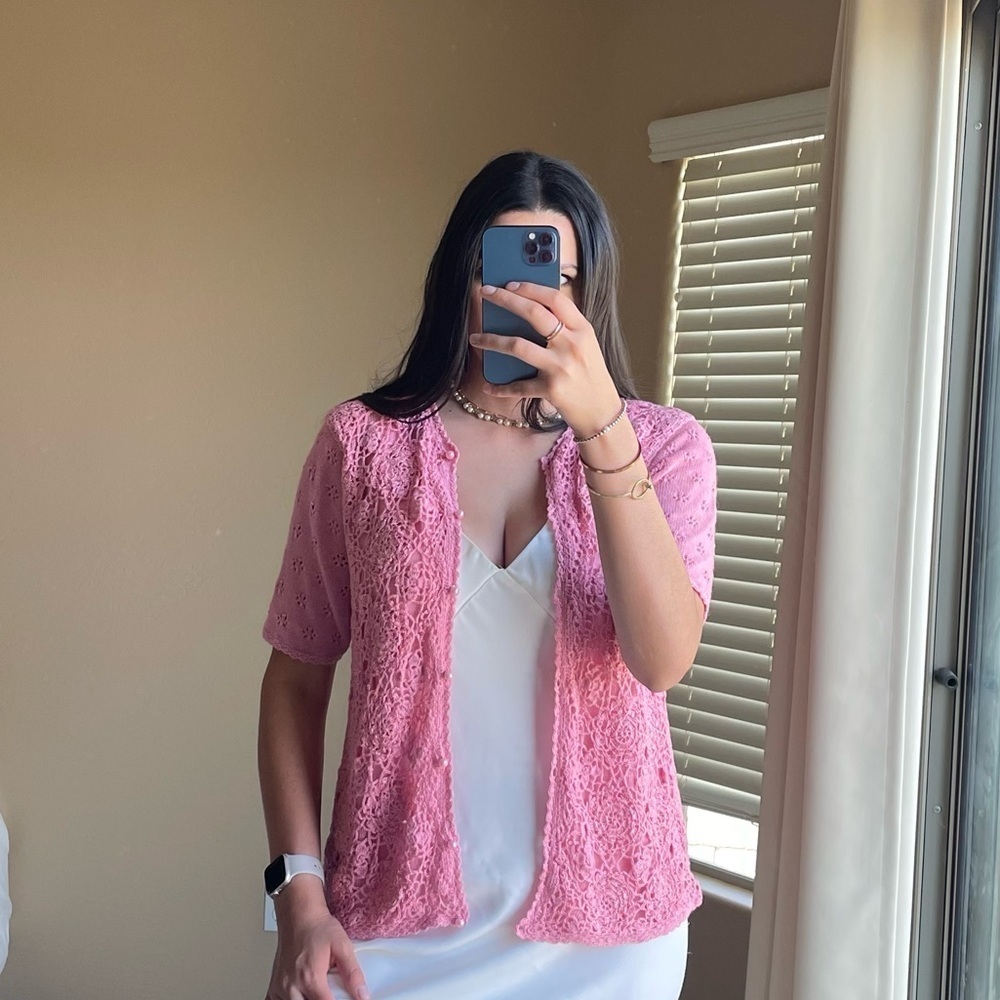 Vintage Pink Jacquline Smith Crochet Short Sleeve Cardigan